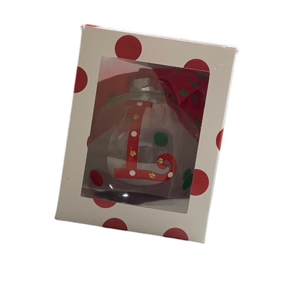 Christmas Glass Ornament Clear Red Christmas Bow Letter "L" Old Time Pottery NEW